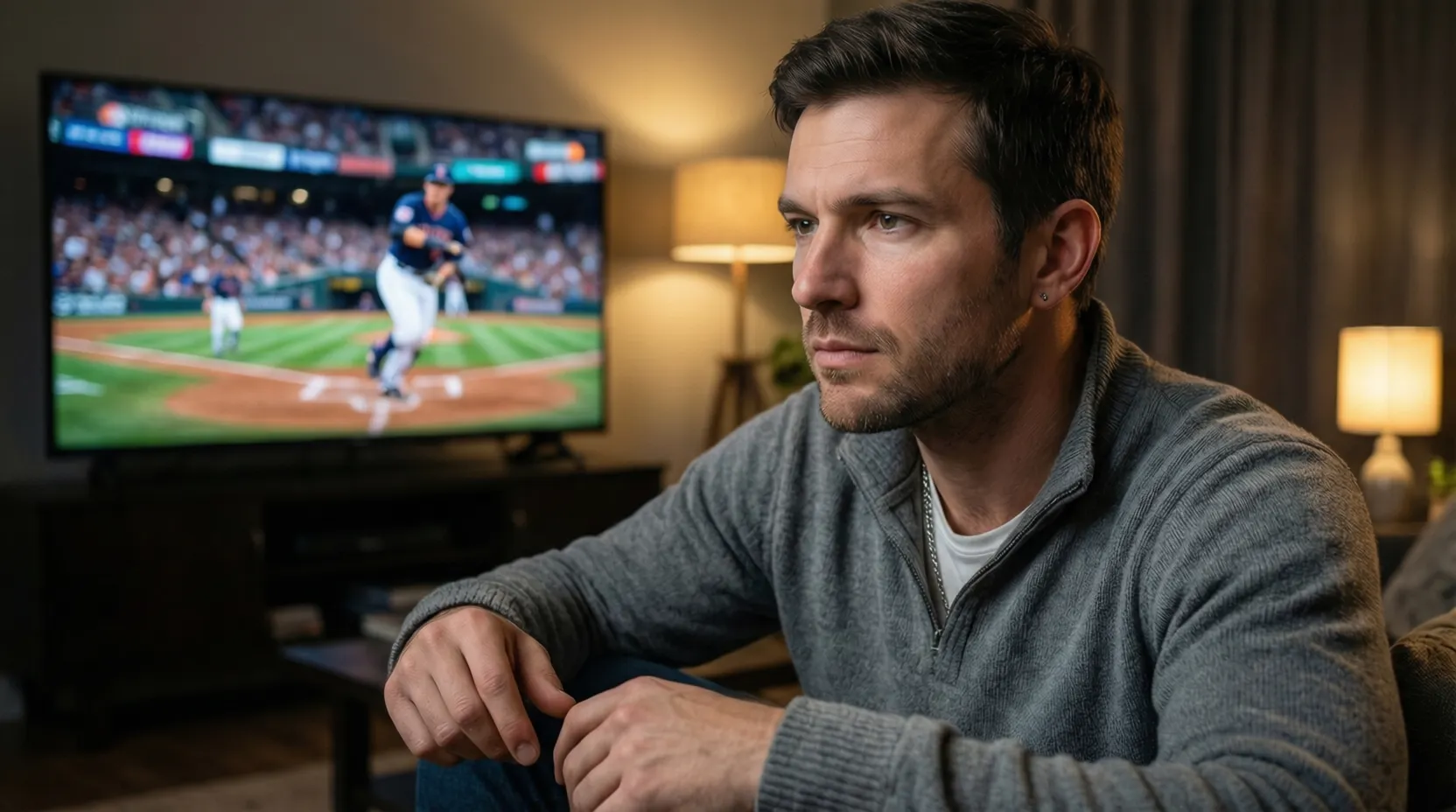 Aficionado de béisbol viendo partido con expresión concentrada evaluando apuesta